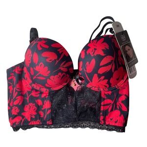 Daisy Fuentes Intimates Red Floral Longline Push Up Bra 34B Black Lace Trim NEW